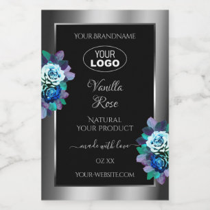 Floral Black Silver Product Labels Logo Teal Roses
