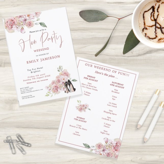 Floral Black Stiletto Weekend Itinerary Hen Party Invitation (Creator Uploaded)