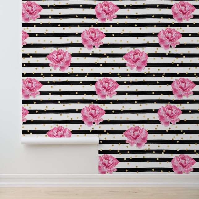 Floral Black Stripe and Gold Confetti  Wallpaper (Application)