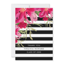 Floral | Black Stripes Graduation Thank You Card