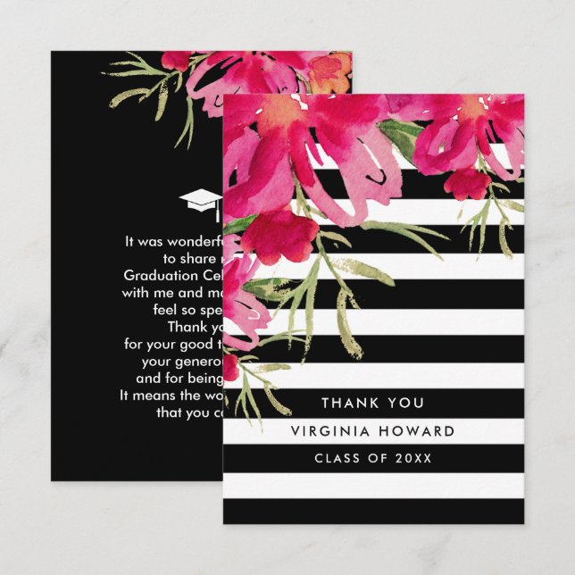 Floral | Black Stripes Graduation Thank You Card (Front/Back)