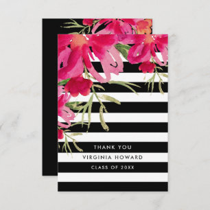 Floral   Black Stripes Graduation Thank You Card