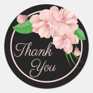 Floral Black Thank You Pink Flowers Wedding Party Classic Round Sticker