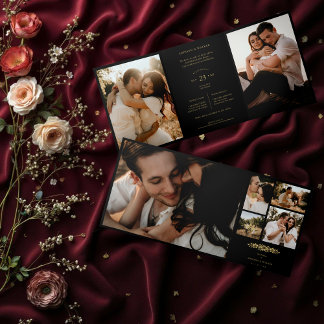 Floral Black Trendy Collage Wedding 7 Photos  Tri-Fold Invitation