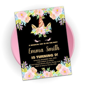 Floral Black Unicorn Birthday Invitations