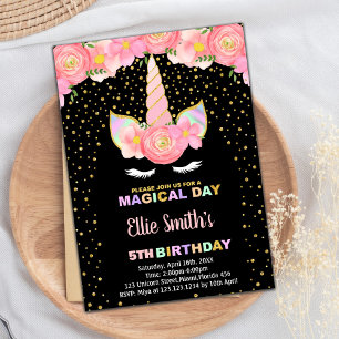 Floral Black Unicorn Birthday Invitations