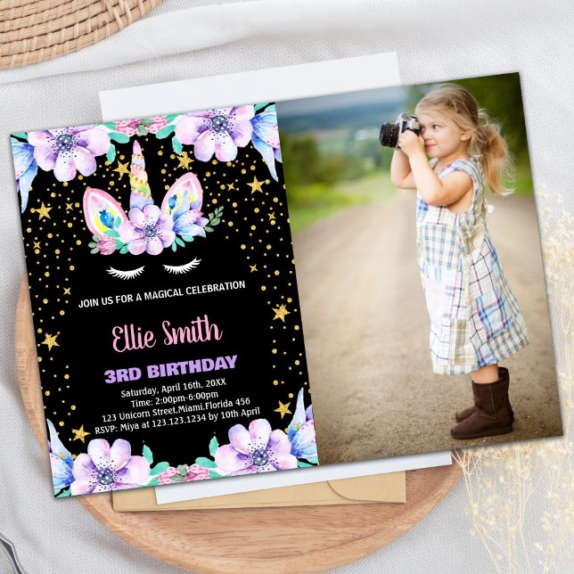 Floral Black Unicorn Birthday Invitations w photo (Floral Black Unicorn Birthday Invitations w photo)