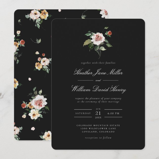Floral Black Wedding Invitation (Front/Back)