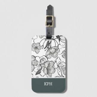 Floral Black, White, and Green with Monogram Luggage Tag