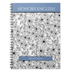Floral Black White Blue Name School Subject Notebook