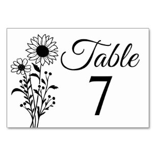 Floral Black & White Boho Sunflower Wedding  Table Number