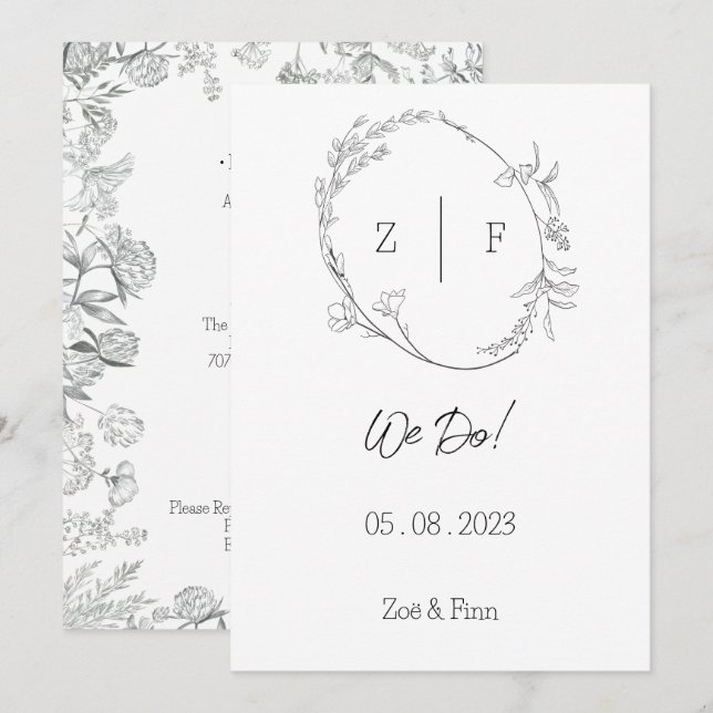 Floral Black & White Botanical Line Art Invitation (Front/Back)