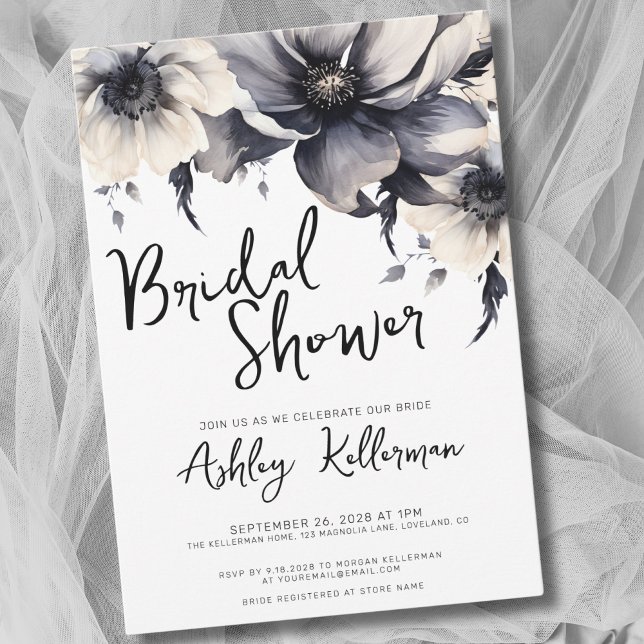 Floral Black White Bridal Shower Invitation (Boho Elegant Floral Black White Bridal Shower Invitation)
