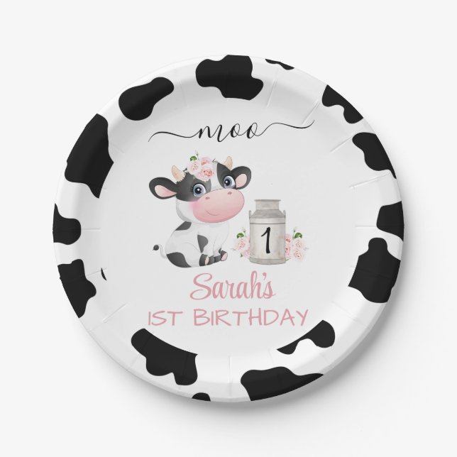 Floral Black White Cow Birthday Party Paper Plate (Front)