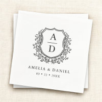 Floral Black White Crest Wedding Monogram