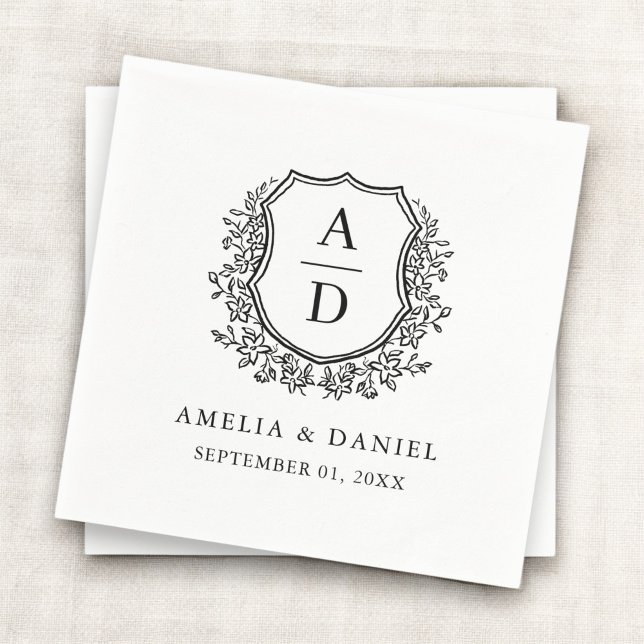 Floral Black White Crest Wedding Monogram Napkin (Creator Uploaded)