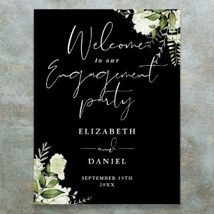 Floral Black White Engagement Party Welcome Sign