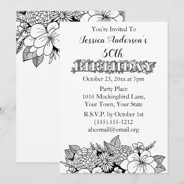 Floral Black White Fiftieth 50th Birthday Invite (Front/Back)
