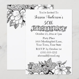 Floral Black White Fiftieth 50th Birthday Invite