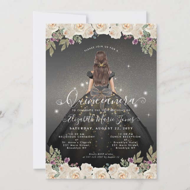 Floral Black White Gold Glam Princess Quinceanera Invitation (Front)