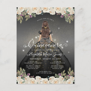 Floral Black White Gold Glam Princess Quinceanera Postcard