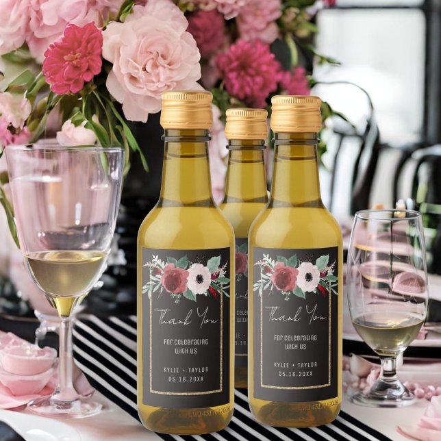 Floral Black White Gold Magenta Wedding Favour Min Wine Label (Creator Uploaded)