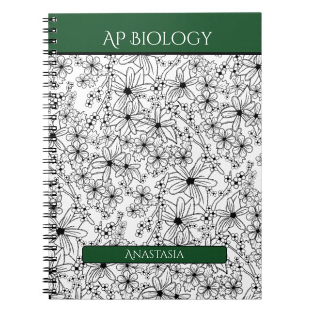 Floral Black White Green Name School Subject Notebook (Front)