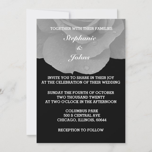 Floral Black White Grey Grey Rose Cool Wedding Invitation (Front)