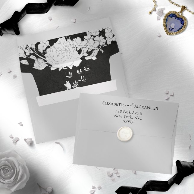 Floral Black & White Liner & Return Address Script Envelope (Creator Uploaded)