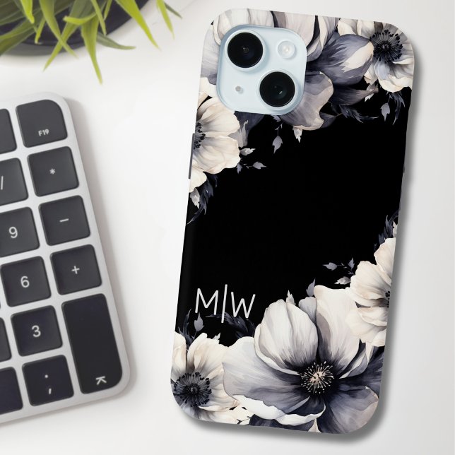 Floral Black White Monogram Case-Mate iPhone Case (Chic Elegant Modern Floral Black White Monogram Case-Mate iPhone Case)