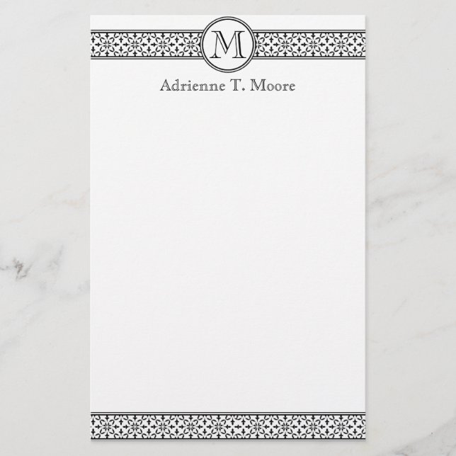 Floral Black White Monogram Initial Stationery (Front)