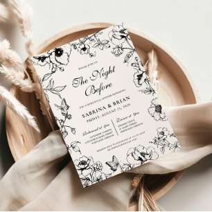 Floral Black White Night Before Rehearsal Dinner Invitation