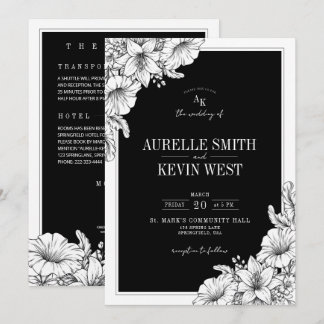Floral Black White Rustic Details QR Wedding  Invitation