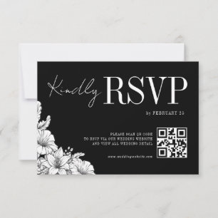 Floral Black White Rustic QR Monogram Wedding RSVP Card