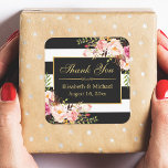 Floral Black White Striped Gold Frame Thank You Square Sticker<br><div class="desc">Floral Black White Striped Gold Frame Thank You Sticker.
(1) For further customisation,  please click the "customise further" link and use our design tool to modify this template. 
(2) If you need help or matching items,  please contact me.</div>