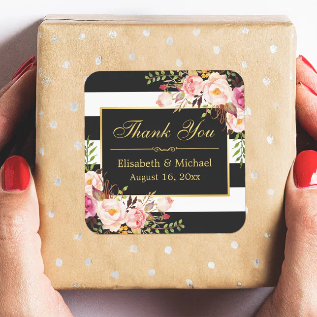 Floral Black White Striped Gold Frame Thank You Square Sticker | Zazzle