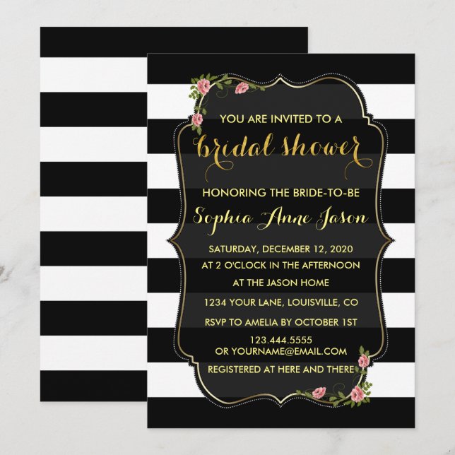 Floral Black White Stripes Bridal Shower Invite (Front/Back)