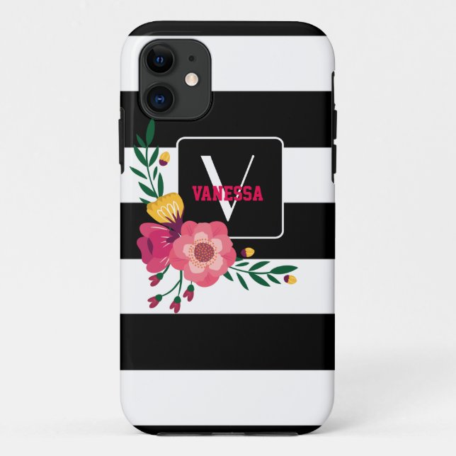 Floral - Black & White Stripes Case-Mate iPhone Case (Back)