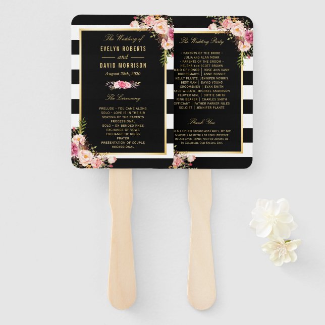 Floral Black White Stripes Classic Wedding Program Hand Fan (Front and Back)
