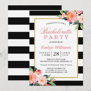 Floral Black White Stripes Gold Bachelorette Party Invitation