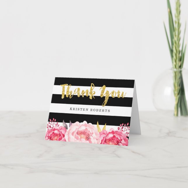Floral Black White Stripes Gold Glitter Thank You Card (Front)