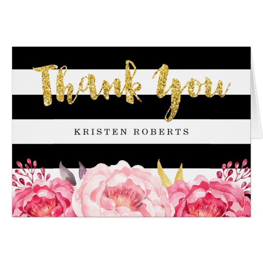 Floral Black White Stripes Gold Glitter Thank You Card