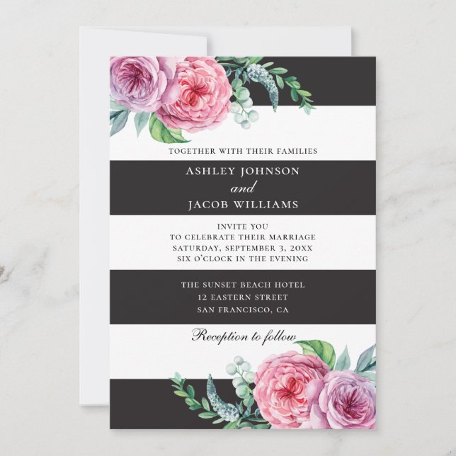 Floral black white stripes. Pink flowers wedding Invitation (Front)