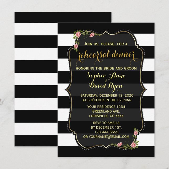Floral Black White Stripes Rehearsal Dinner Invite (Front/Back)