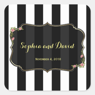 Floral Black White Stripes Wedding Custom Square Sticker