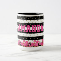 Floral Black & White Stripes with Gold Polka Dots