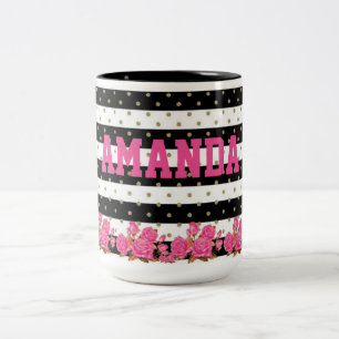 Floral Black & White Stripes with Gold Polka Dots Two-Tone Coffee Mug