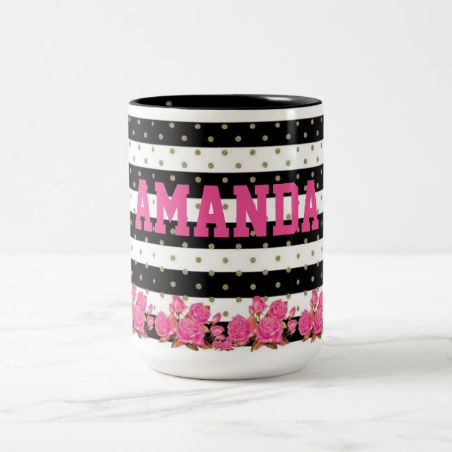 Floral Black & White Stripes with Gold Polka Dots Two-Tone Coffee Mug (Center)