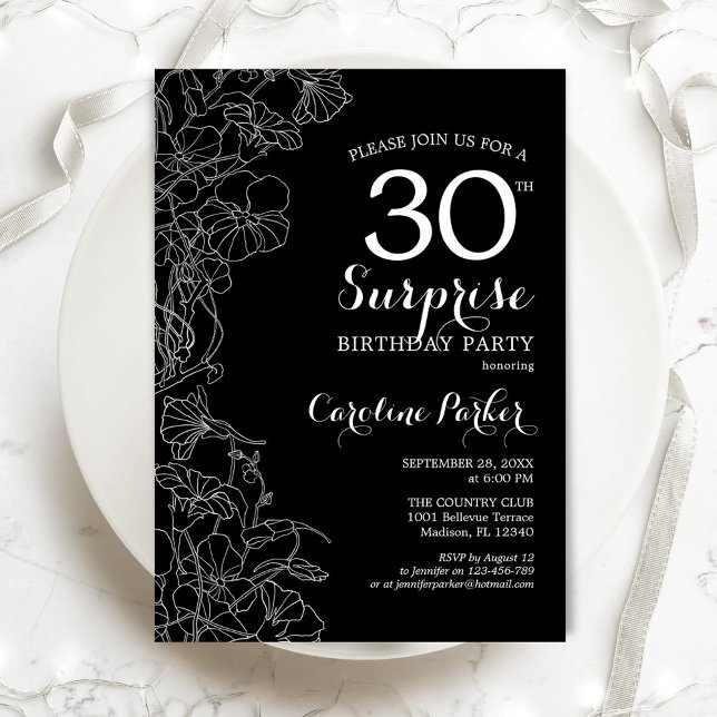 Floral Black White Surprise 30th Birthday Party Invitation (Creator Uploaded)