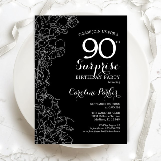 Floral Black White Surprise 90th Birthday Party Invitation (Creator Uploaded)